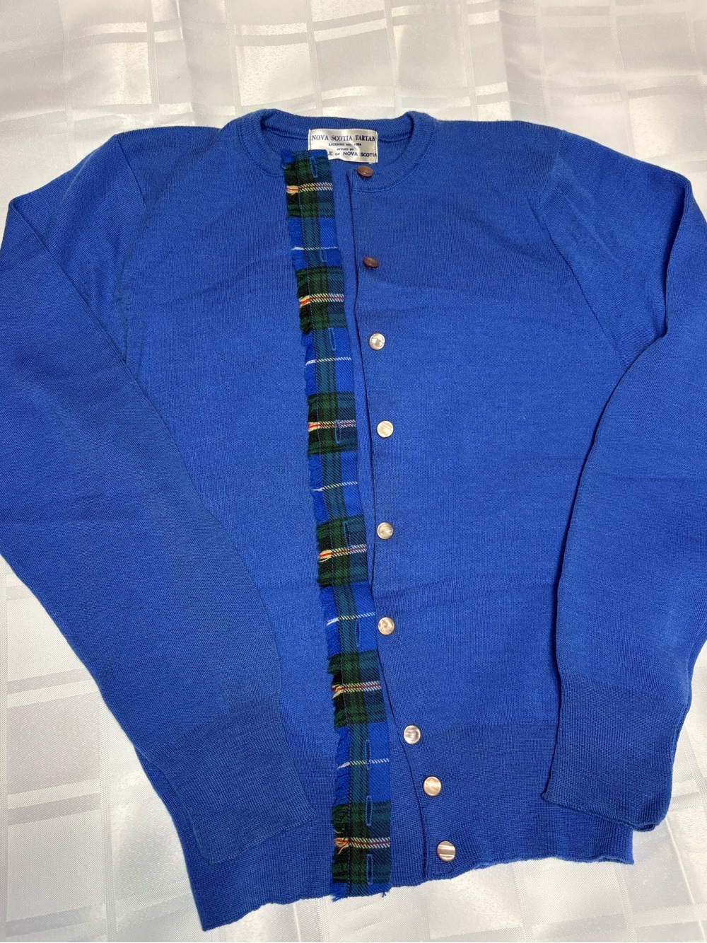 Royal Blue Cardigan Sweater with Tartan Trim